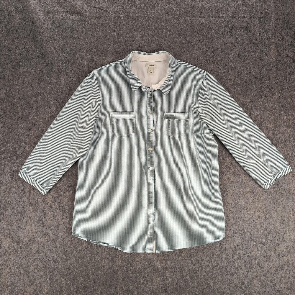Vintage L.L. Bean Shirt Womens Large Blue Striped 3/4 Sleeve Button Up Top